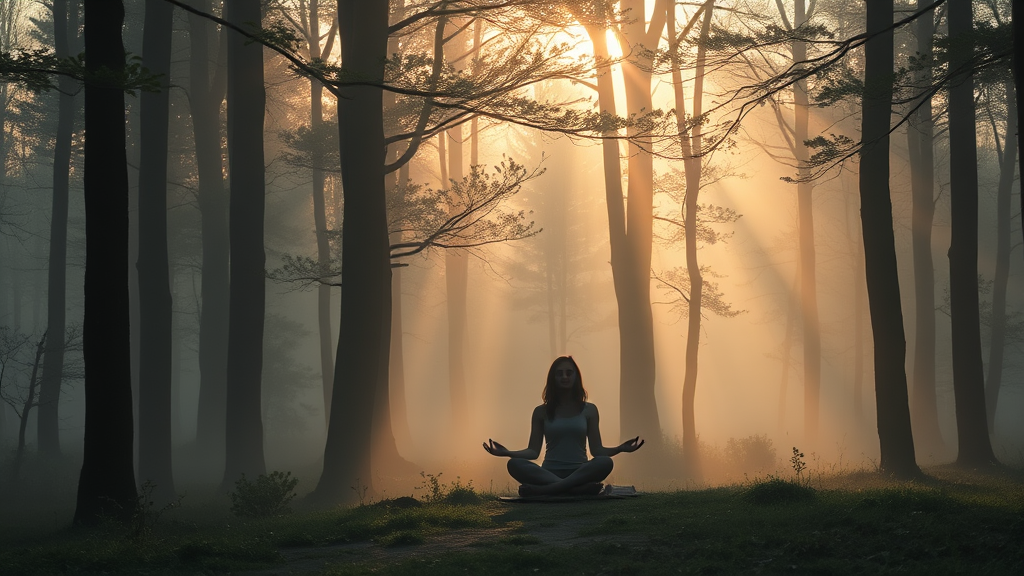 Peaceful person meditating in misty forest with soft golden light filtering through trees creating calm atmosphere no text no words no letters