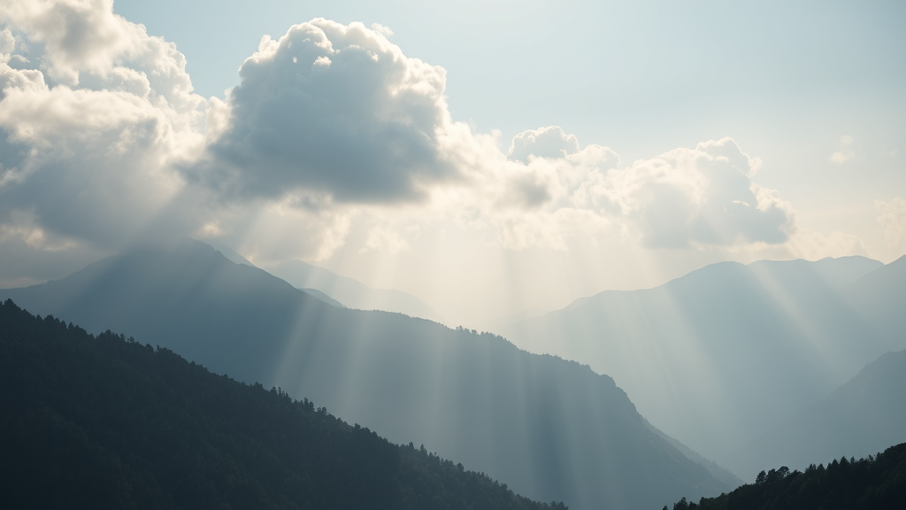 Peaceful mountain landscape with soft morning light filtering through clouds, serene atmosphere, calming blues and greens, no text no words no letters