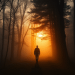 Peaceful sunrise through misty forest with golden light filtering through trees, person silhouette walking forward, serene atmosphere, no text no words no letters