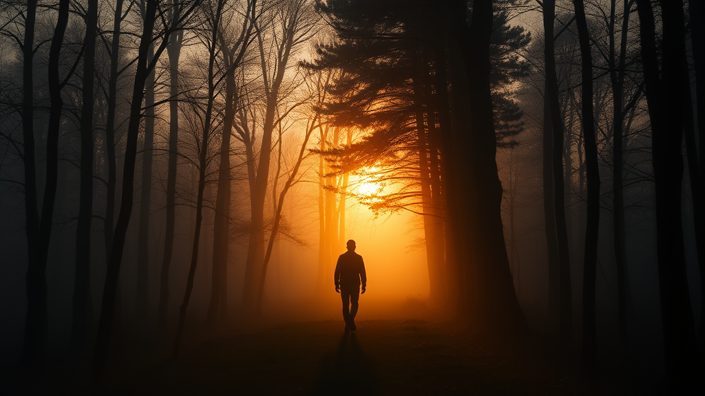 Peaceful sunrise through misty forest with golden light filtering through trees, person silhouette walking forward, serene atmosphere, no text no words no letters