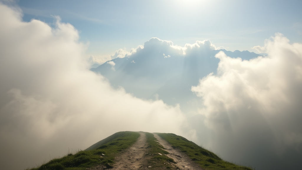 Serene mountain path disappearing into soft misty clouds, gentle sunlight filtering through, peaceful journey concept, no text no words no letters