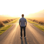 Person standing at peaceful crossroads with soft morning light, gentle pathway through serene landscape, calming colors, no text no words no letters