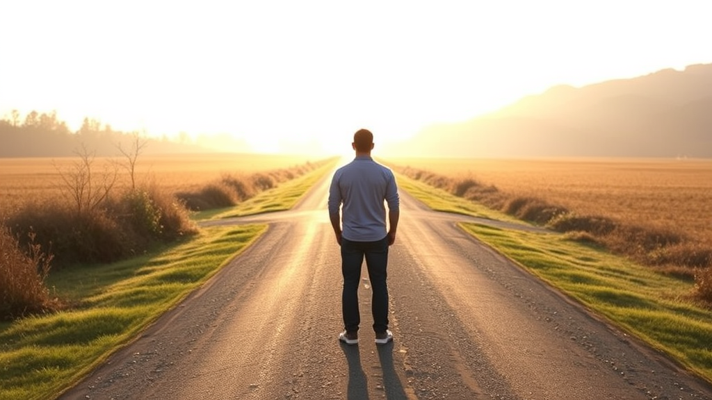 Person standing at peaceful crossroads with soft morning light, gentle pathway through serene landscape, calming colors, no text no words no letters