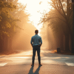 Person standing at crossroads with soft morning light filtering through trees, peaceful contemplation, warm golden tones, no text no words no letters