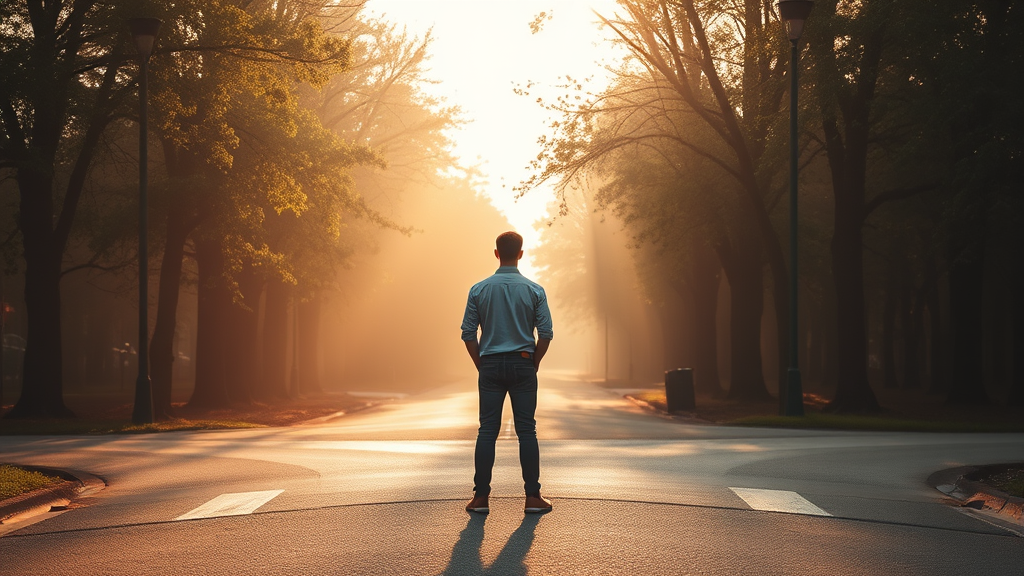 Person standing at crossroads with soft morning light filtering through trees, peaceful contemplation, warm golden tones, no text no words no letters