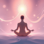 Serene person sitting in meditation pose surrounded by flowing abstract light patterns representing mental clarity and openness, soft pastels, no text no words no letters