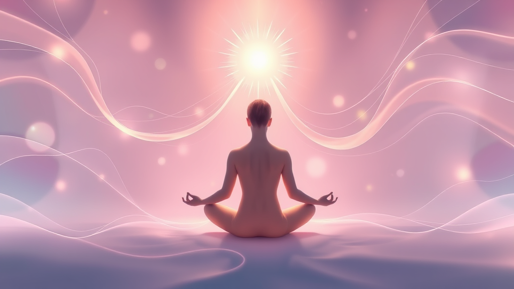 Serene person sitting in meditation pose surrounded by flowing abstract light patterns representing mental clarity and openness, soft pastels, no text no words no letters