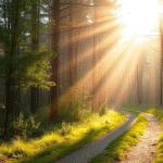 Soft morning light filtering through forest path symbolizing journey toward clarity and understanding no text no words no letters