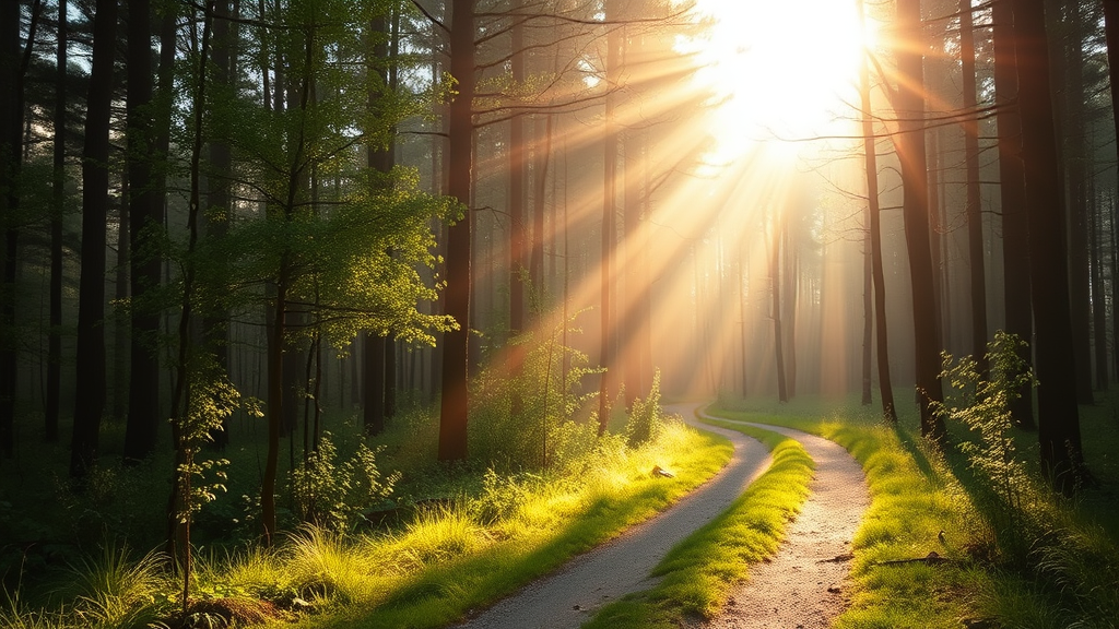 Soft morning light filtering through forest path symbolizing journey toward clarity and understanding no text no words no letters