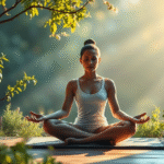 Peaceful meditation scene with soft natural lighting, person in serene pose surrounded by gentle nature elements, calming blues and greens, no text no words no letters