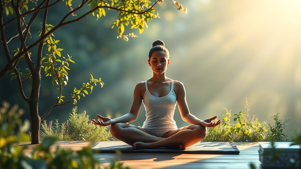 Peaceful meditation scene with soft natural lighting, person in serene pose surrounded by gentle nature elements, calming blues and greens, no text no words no letters