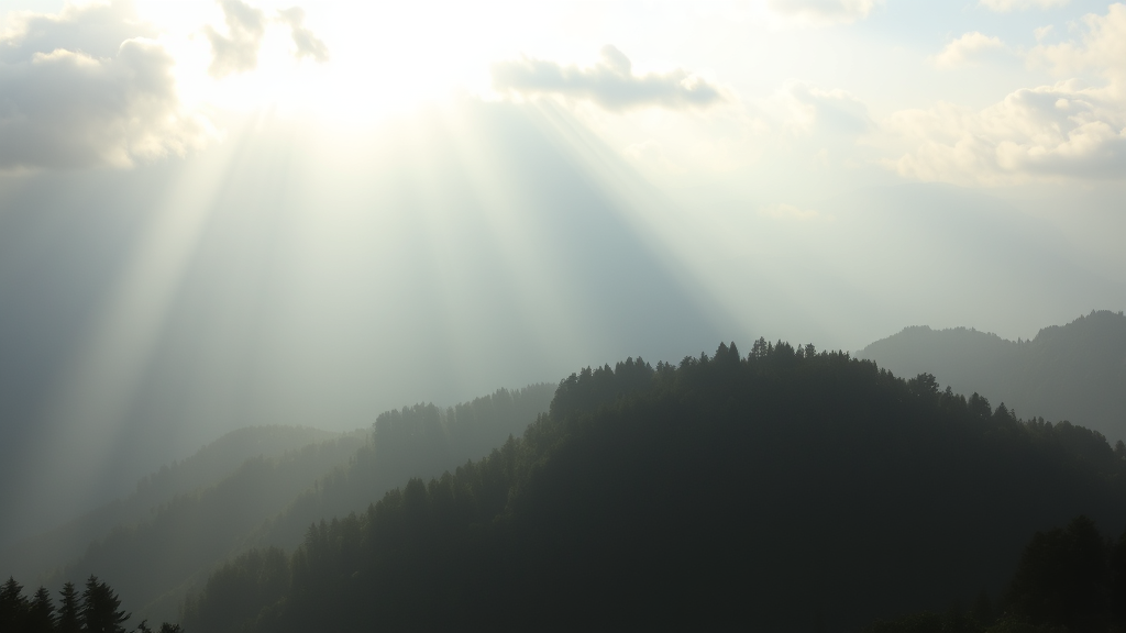 Serene mountain landscape with misty clouds and gentle sunlight breaking through, peaceful nature scene conveying hope and clarity, no text no words no letters