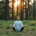 Peaceful person meditating in serene forest clearing with soft morning light filtering through trees, calm atmosphere, mental wellness, no text no words no letters
