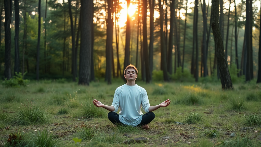 Peaceful person meditating in serene forest clearing with soft morning light filtering through trees, calm atmosphere, mental wellness, no text no words no letters