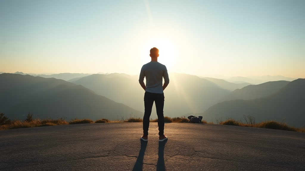 Serene person standing at crossroads with soft morning light, peaceful mountain landscape, contemplative pose, no text no words no letters