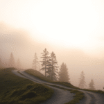 Serene mountain path disappearing into soft morning mist, gentle sunlight filtering through trees, peaceful journey concept, no text no words no letters