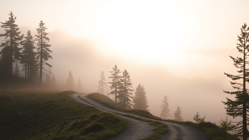 Serene mountain path disappearing into soft morning mist, gentle sunlight filtering through trees, peaceful journey concept, no text no words no letters