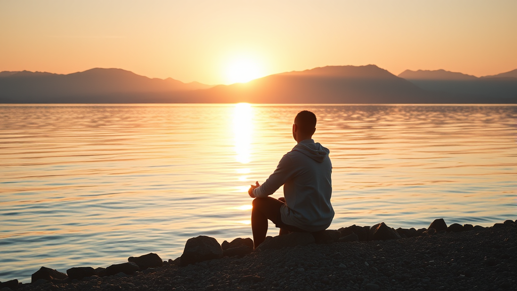 Peaceful person sitting by calm water at sunrise, soft golden light, serene mountains in background, contemplative mood, no text no words no letters
