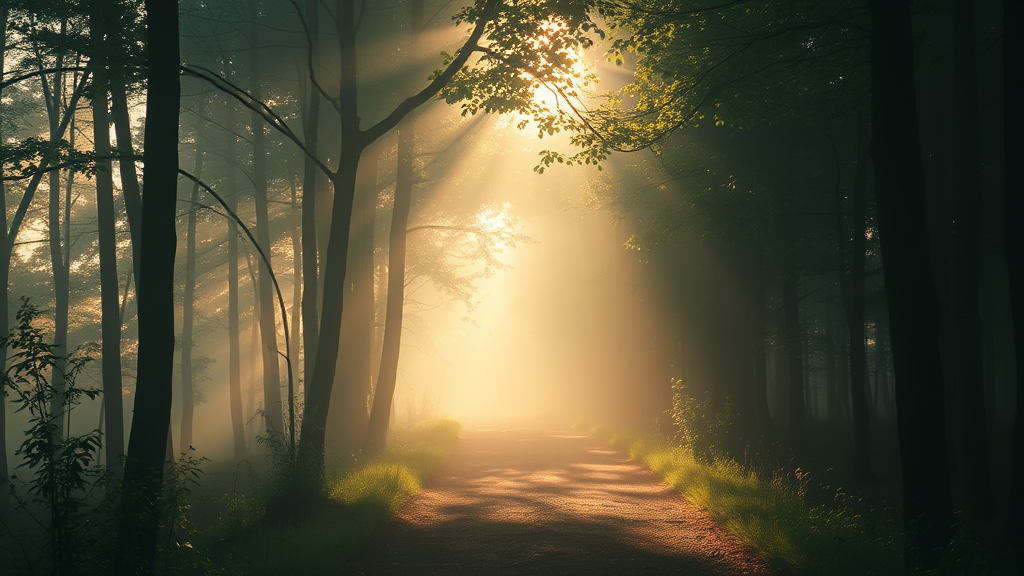 Soft morning light filtering through misty forest path, serene atmosphere, gentle shadows, peaceful journey ahead, no text no words no letters