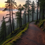 Serene mountain path winding through misty forest sunrise peaceful journey clarity no text no words no letters