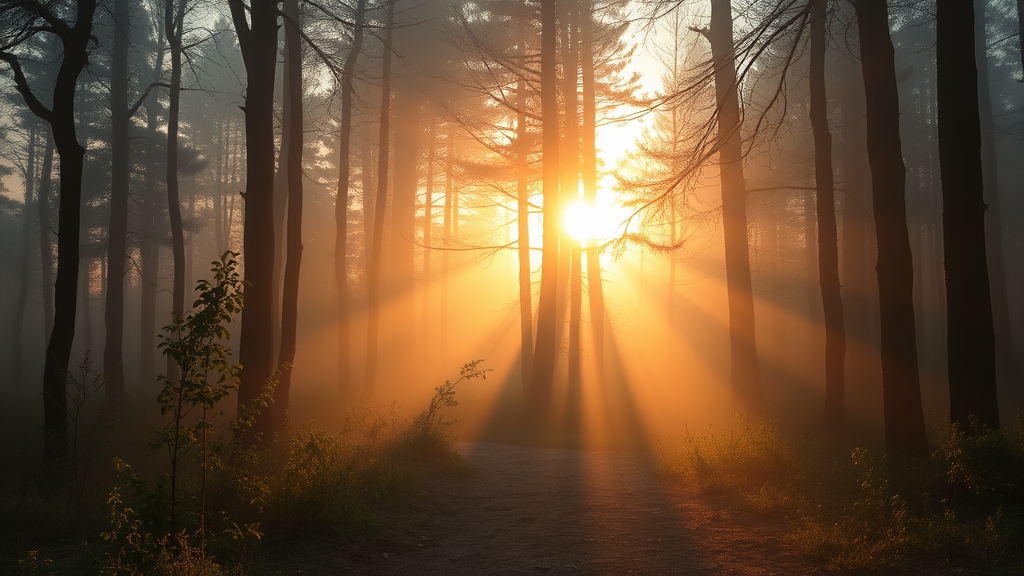 Peaceful sunrise through misty forest path symbolizing clarity and hope soft golden lighting serene atmosphere no text no words no letters