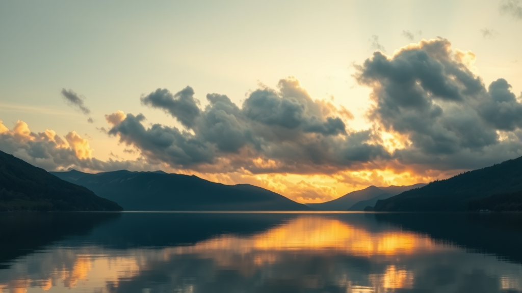 Serene mountain lake reflecting clouds at dawn with soft golden light creating peaceful atmosphere no text no words no letters