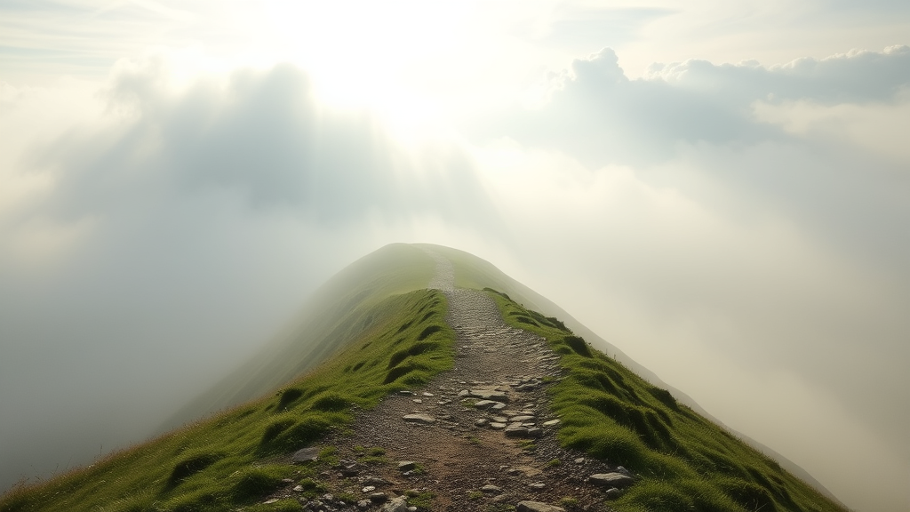Serene mountain path disappearing into soft morning mist, gentle sunlight filtering through clouds, peaceful landscape symbolizing journey through uncertainty, no text no words no letters