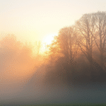Peaceful sunrise through morning mist with soft golden light filtering through trees, serene natural landscape, no text no words no letters