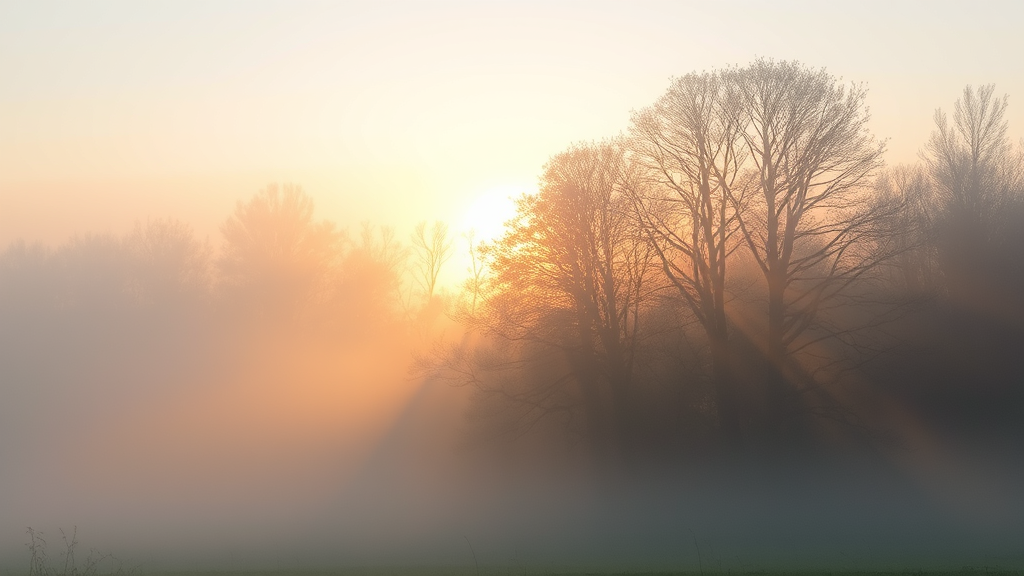Peaceful sunrise through morning mist with soft golden light filtering through trees, serene natural landscape, no text no words no letters