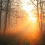 Peaceful sunrise through misty forest path with soft golden light filtering through trees representing clarity and hope no text no words no letters