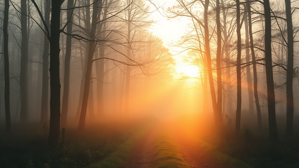 Peaceful sunrise through misty forest path with soft golden light filtering through trees representing clarity and hope no text no words no letters