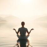 Peaceful person meditating by calm lake with soft morning light, serene mountains background, no text no words no letters