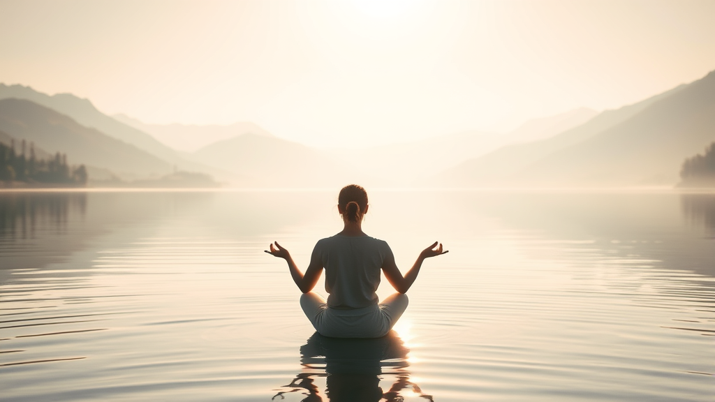 Peaceful person meditating by calm lake with soft morning light, serene mountains background, no text no words no letters