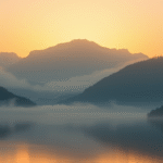 Peaceful mountain landscape with soft morning mist, golden sunrise, serene lake reflection, calming blues and golds, no text no words no letters