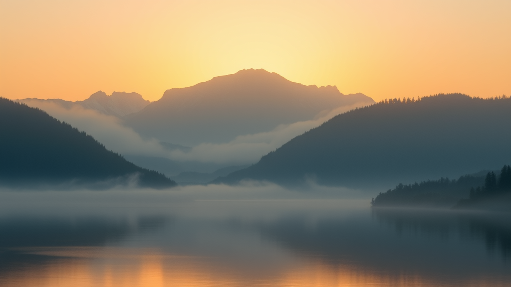 Peaceful mountain landscape with soft morning mist, golden sunrise, serene lake reflection, calming blues and golds, no text no words no letters