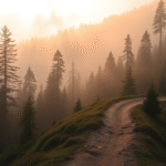 Serene mountain path winding upward through misty forest, soft golden light filtering through trees, peaceful journey concept, no text no words no letters
