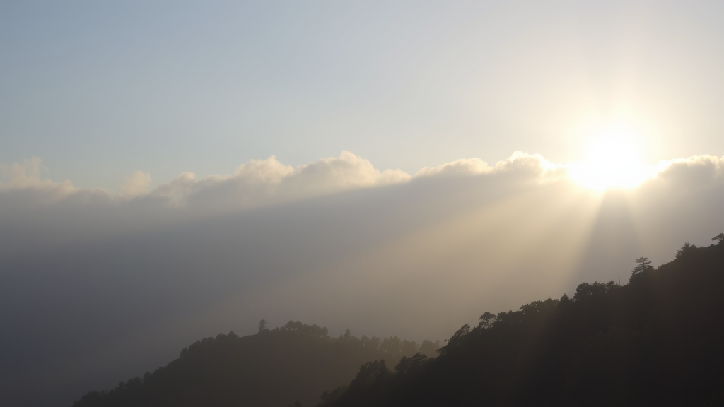 Serene mountain landscape with misty clouds clearing to reveal sunlight, peaceful morning atmosphere, soft natural lighting, no text no words no letters