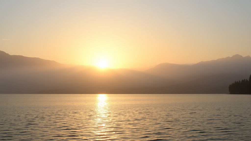 Serene sunrise over calm lake with misty mountains, soft golden light reflecting on water, peaceful nature scene, no text no words no letters