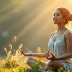 Peaceful woman meditating in soft morning light surrounded by plants and natural elements conveying serenity and balance no text no words no letters