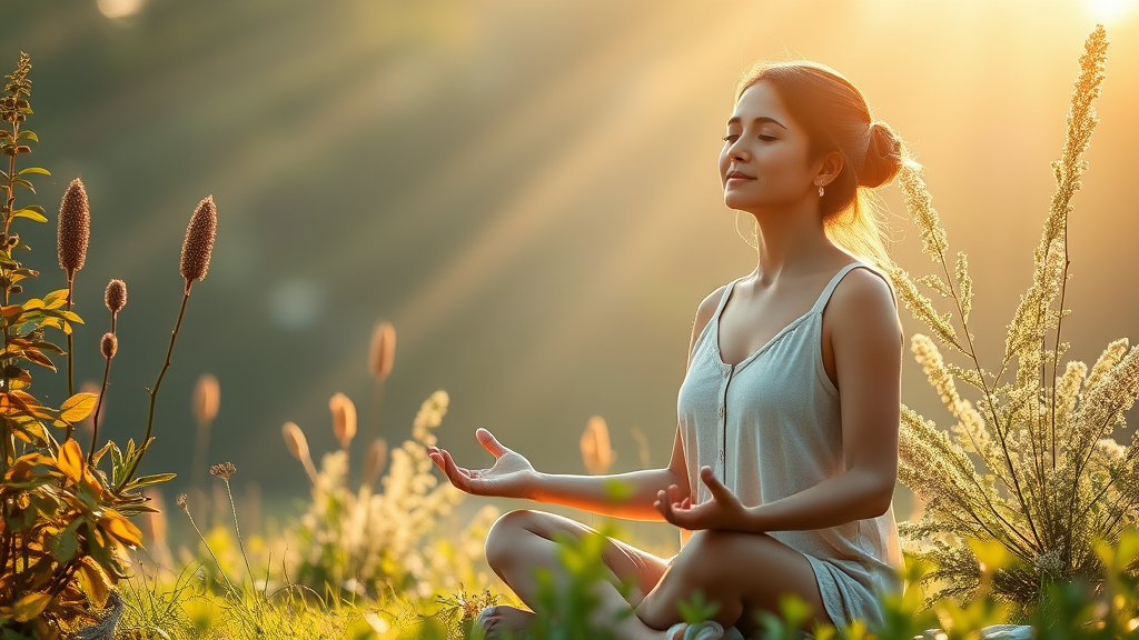 Peaceful woman meditating in soft morning light surrounded by plants and natural elements conveying serenity and balance no text no words no letters