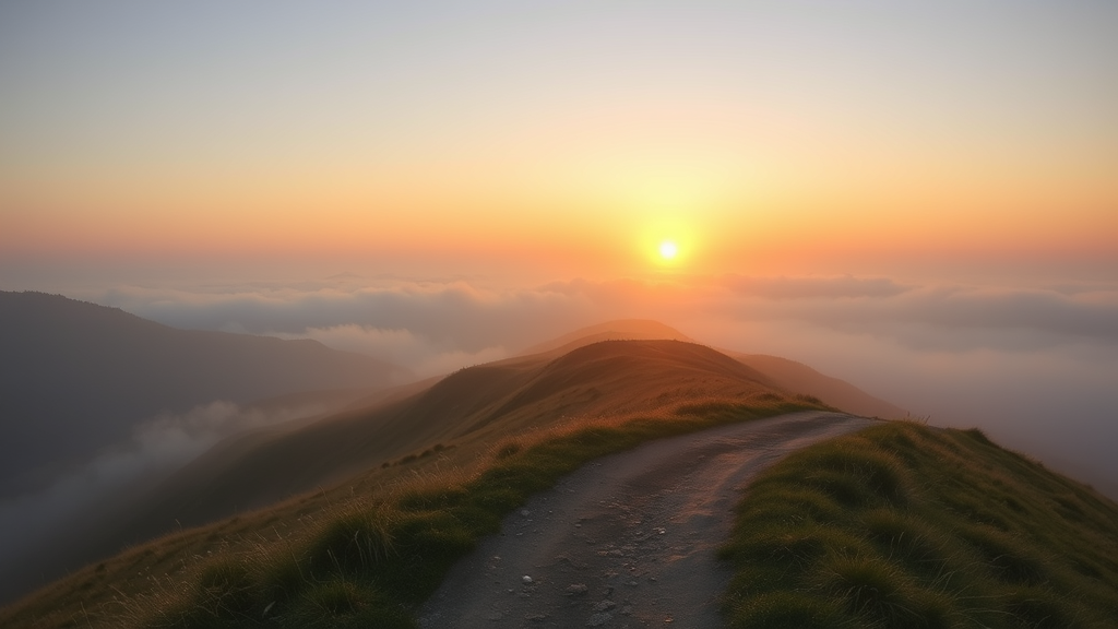 Soft sunrise over misty mountain path, warm golden light, peaceful landscape, gentle curves leading forward, serene atmosphere, no text no words no letters