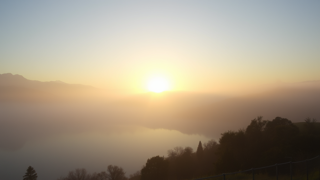 Peaceful sunrise through morning mist over calm mountain lake, soft golden light, serene atmosphere, no text no words no letters