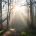 Soft morning light filtering through misty forest path, peaceful atmosphere, gentle shadows, serene natural setting, no text no words no letters