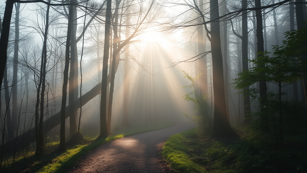 Soft morning light filtering through misty forest path, peaceful atmosphere, gentle shadows, serene natural setting, no text no words no letters