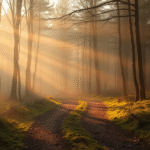 Peaceful misty forest path with soft golden sunlight filtering through trees creating sense of calm journey forward no text no words no letters