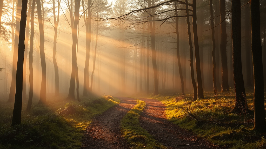 Peaceful misty forest path with soft golden sunlight filtering through trees creating sense of calm journey forward no text no words no letters