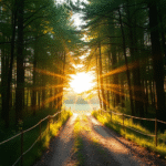 Soft sunlight through forest path opening to bright clearing, gentle golden rays, peaceful nature scene, no text no words no letters