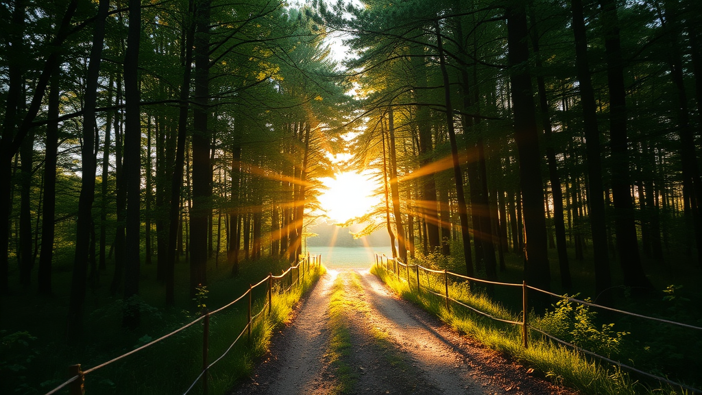Soft sunlight through forest path opening to bright clearing, gentle golden rays, peaceful nature scene, no text no words no letters