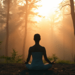 Peaceful person meditating at sunrise with soft golden light filtering through misty forest trees, serene and calming atmosphere, no text no words no letters