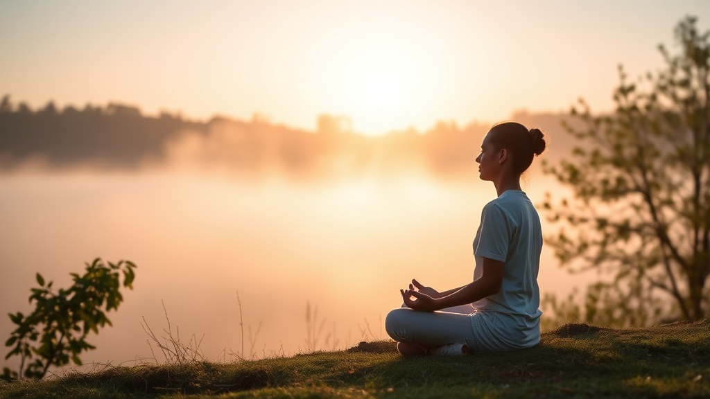 Peaceful person meditating in serene natural setting with soft morning light and gentle mist, no text no words no letters